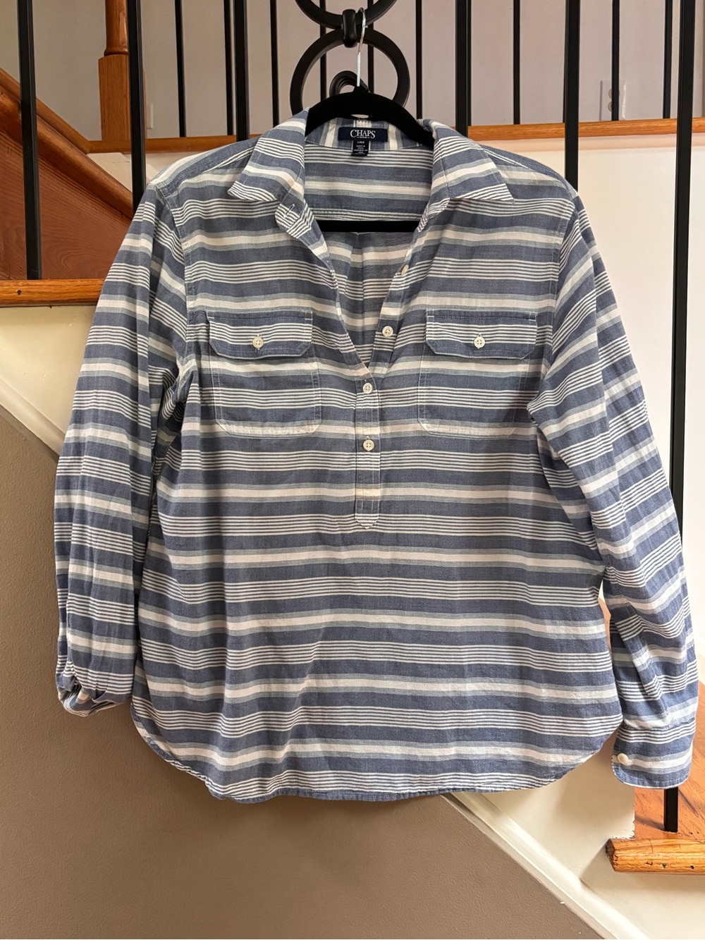 Chaps Blue & White Striped Long Sleeve Popover Henley Blouse